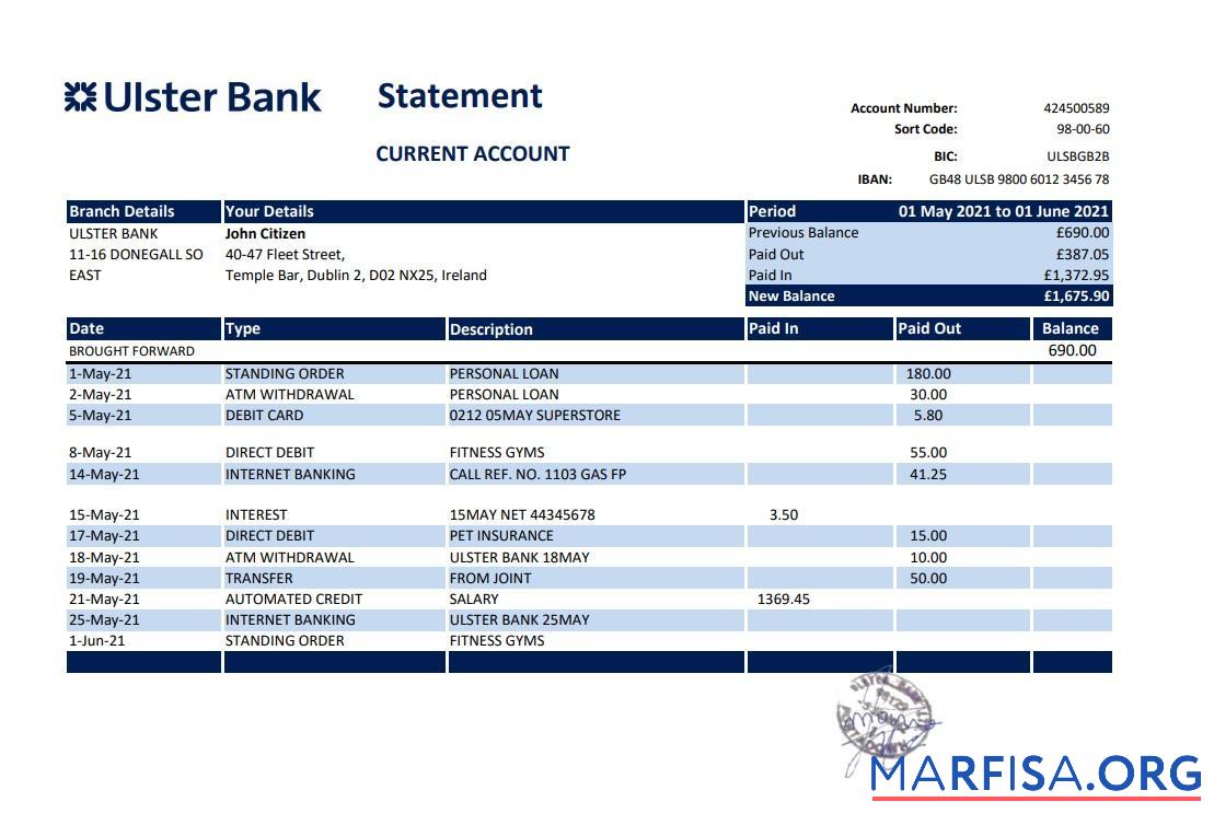 Printable Republic of Ireland Ulster bank statement excel example
